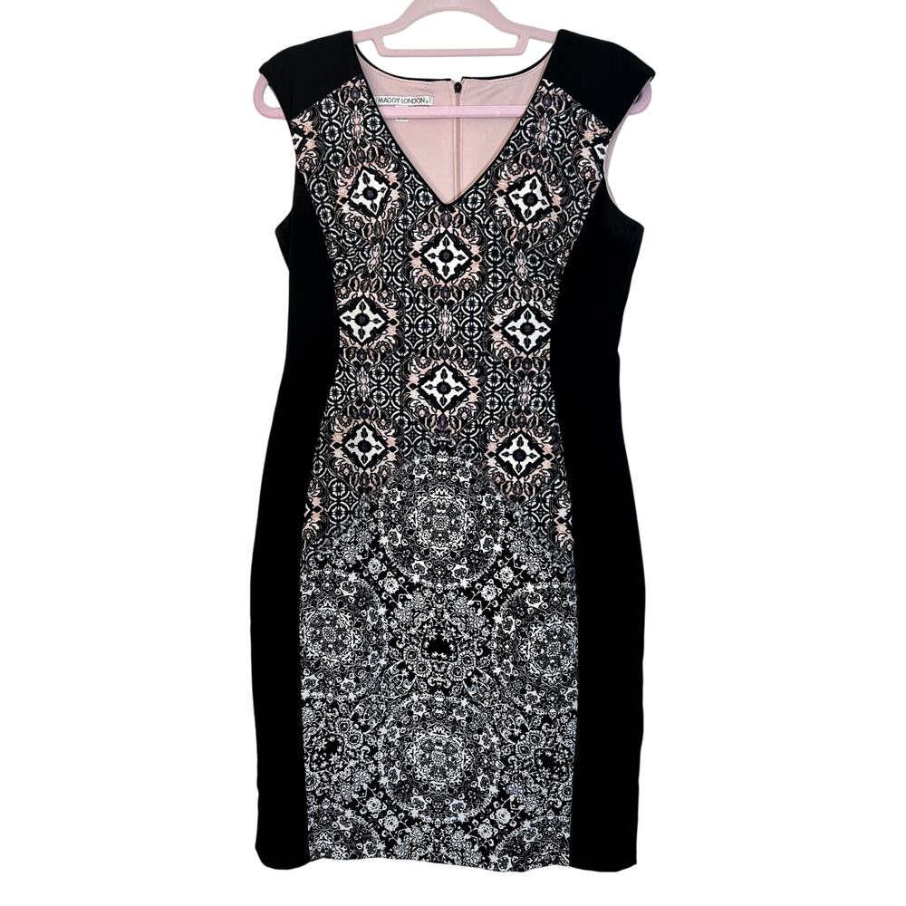 Maggy London Black White Pink Geometric Design Sleeveless Sheath Dress Size 10